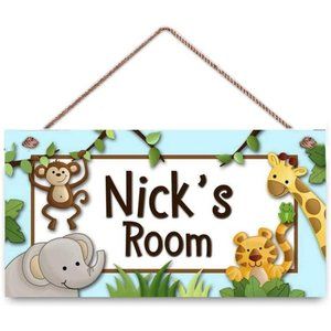 Personalized Name Baby Blue Jungle Animals Door Sign Boys Bedroom